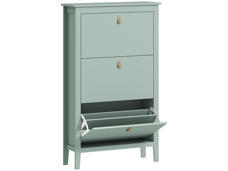 Meuble à chaussures 3 portes battantes poignées lanières boucles effet cuir vert - Conforama A