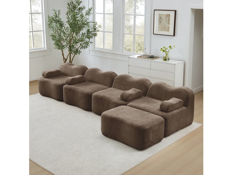  Canapé d'angle modulable ulevr 4 places avec pouf, 384 x 167 cm, velours marron, forme vague  - Conforama B
