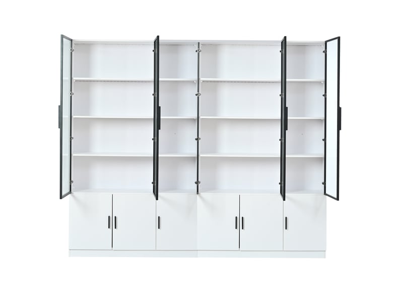  Vitrine haute 240x32x200 cm, 12 portes en verre, led par application, fermeture douce, mdf blanc  - Conforama E