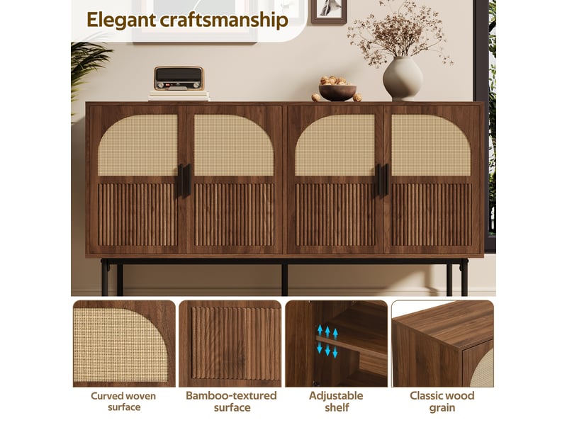  Buffet 4 portes à fermeture douce pour salon en mdf 140×40×80 cm finition noyer et rotin naturel  - Conforama C