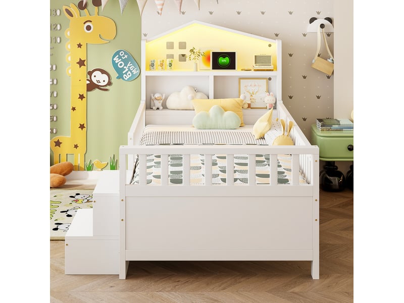  Lit enfant 90x200 cm avec rangements et led en bois blanc  - Conforama D