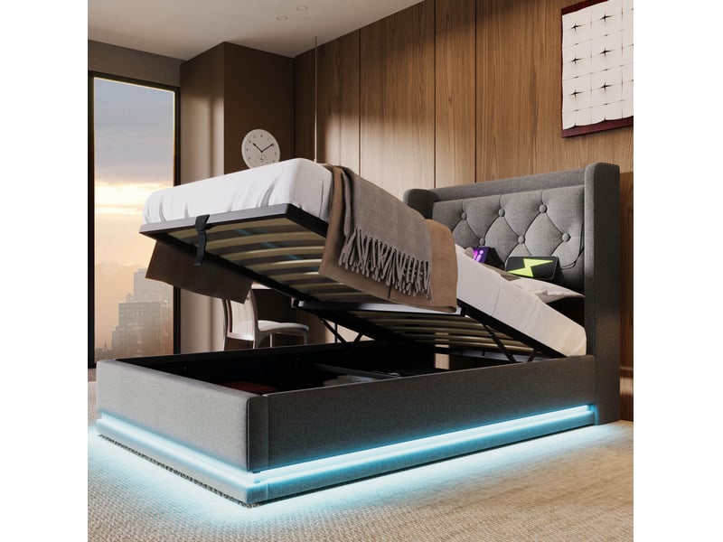  Modenvie lit coffre 90x200 cm - rangement hydraulique, led 3 cotes, usb-c, matelas inclus - gris  - Conforama D