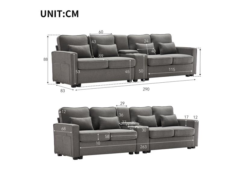  Canapé 4 places 290x83x88 cm avec console et usb, poches de rangement, bois et métal, gris foncé, design moderne  - Conforama C