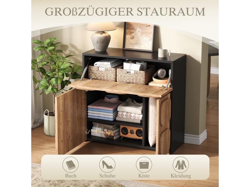  Commode 4 compartiments en mdf coloris bois naturel et noir 79.6 x 34.8 x 81.5 cm  - Conforama D