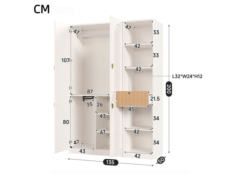  Ensemble penderie-armoire, 135 x 50 x 200 cm, 2 penderies, 3 compartiments fermés et 5 niches ouvertes, finition blanc effet bois  - Conforama C