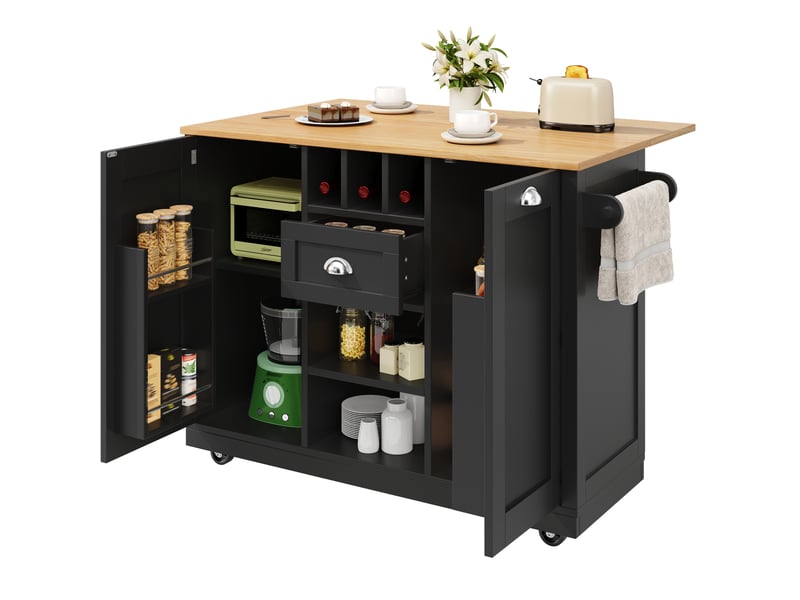 Îlot de cuisine 140x40x93,5 cm avec roulettes, porte-bouteilles, porte-serviettes mdf métal noir - Conforama A