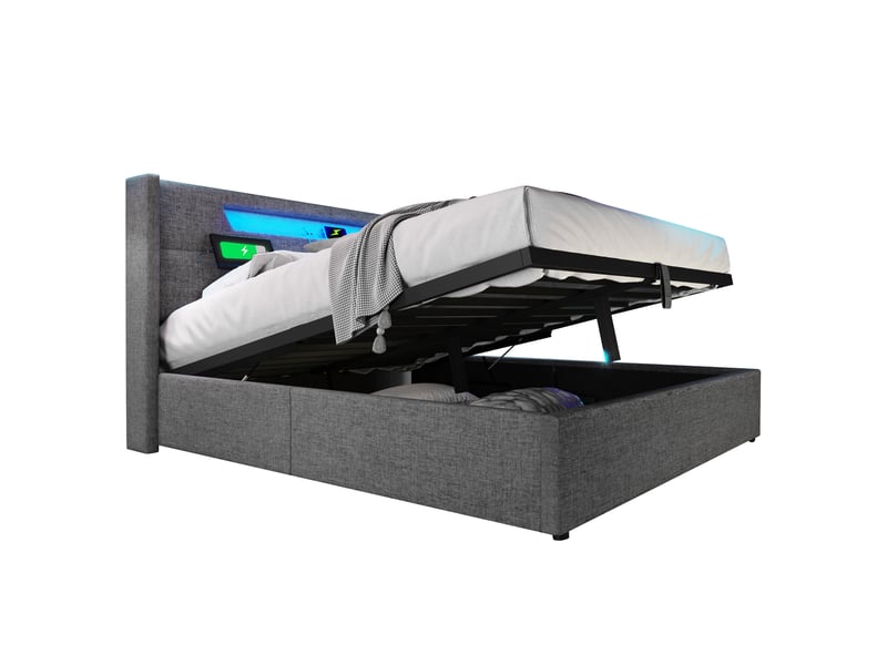  Lit capitonné, lit double 160x200 cm, led, usbusb-c, sommier à lattes, lin gris, matelas inclus  - Conforama C