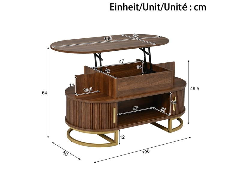  Table basse ovale avec plateau relevable, rangement, portes coulissantes, mdf, noyer  - Conforama C