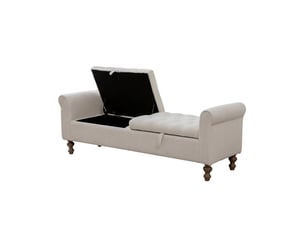 Banquette coffre beige avec rangement, tissu chenille et accoudoirs, bout de lit