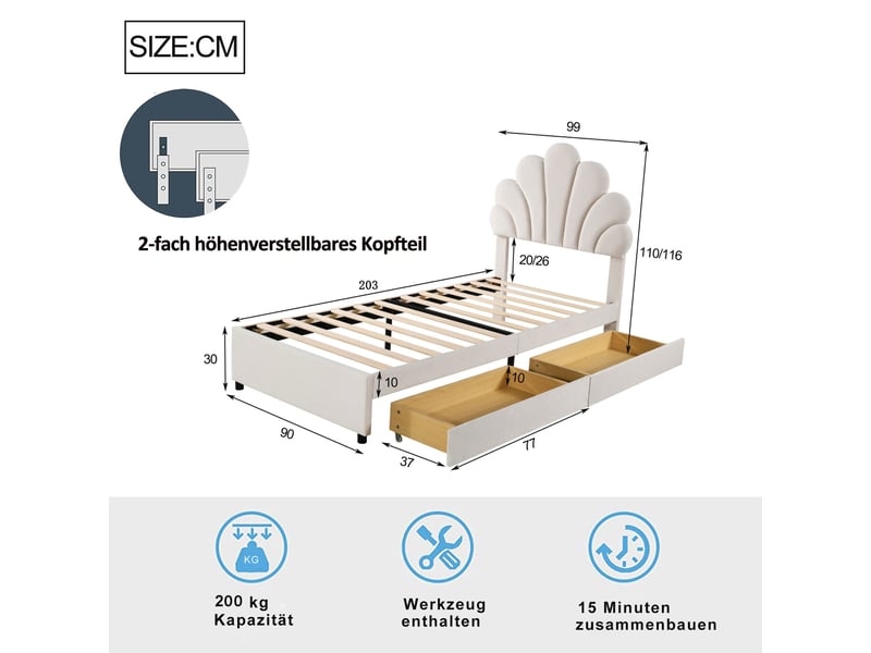  Lit enfant 90 × 200 cm 1 place avec 2 tiroirs et 2 niches, sans matelas, en velours capitonné beige  - Conforama D