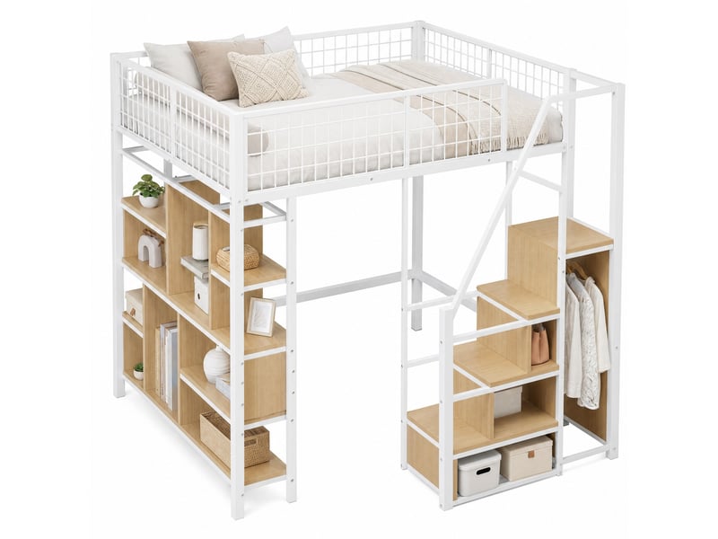 Lit mezzanine 140x200 cm – blanc – escalier de rangement, étagères, métal et mdf, gain de place - sans matelas - Conforama A
