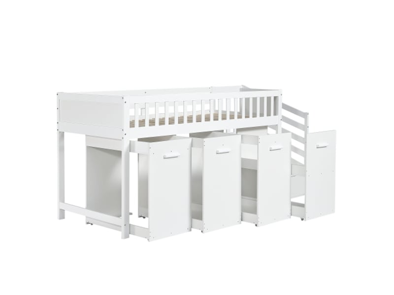  Lit enfant 90x200 cm, lit simple enfant, bureau, penderie, casiers, cadre en bois avec grille, blanc, sans matelas  - Conforama E