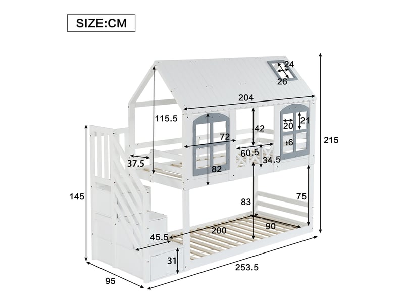 Lit superposé enfant 90x200 cm – blanc et gris – escalier à 3 rangements et fenêtres décoratives - Conforama C