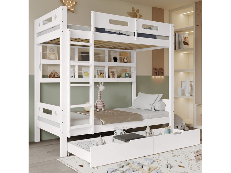  Modenvie lit superposé enfant 90x200 cm - avec étagères ouvertes et 2 tiroirs, sans matelas - blanc  - Conforama B