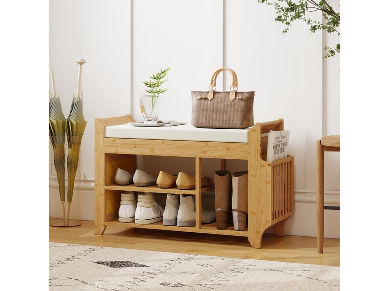  Banc à chaussures avec assise rembourrée, rangement latéral, porte-bottes, structure en bambou, 80 x 30 x 50 cm, naturel  - Conforama C