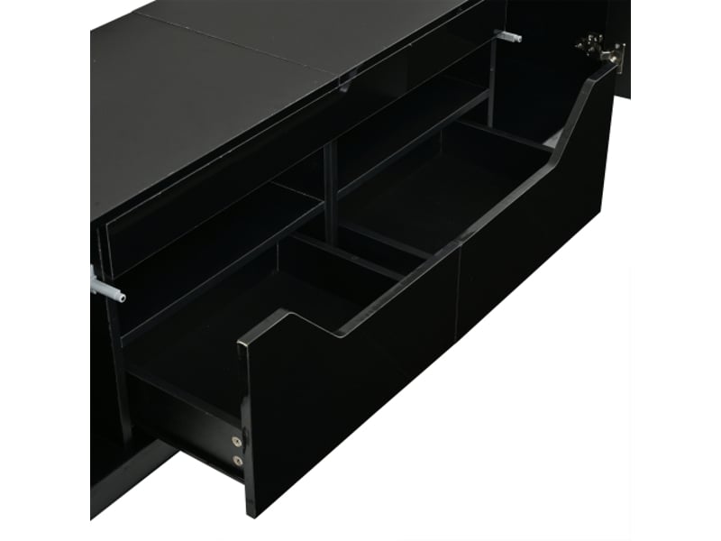  Meuble tv noir laqué 180x40x45 cm avec led intégrée, 2 tiroirs et 2 placards, compatible télé jusqu’à 75 pouces  - Conforama E