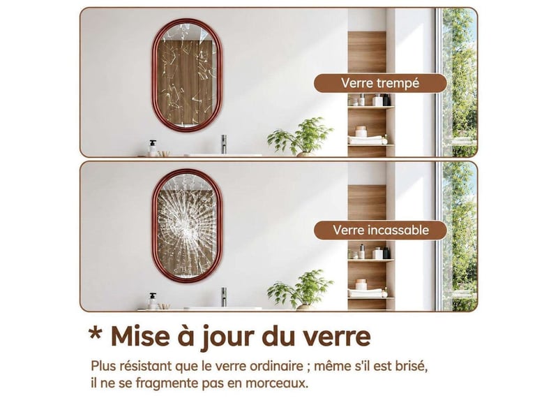 Miroir de salle de bain ovale mural 40 x 60 cm en verre trempé hd – miroir suspendu anti-buée, étanche et anti-rouille avec cadre mouluré pour vasque, entrée et coiffeuse – rouge - Conforama C