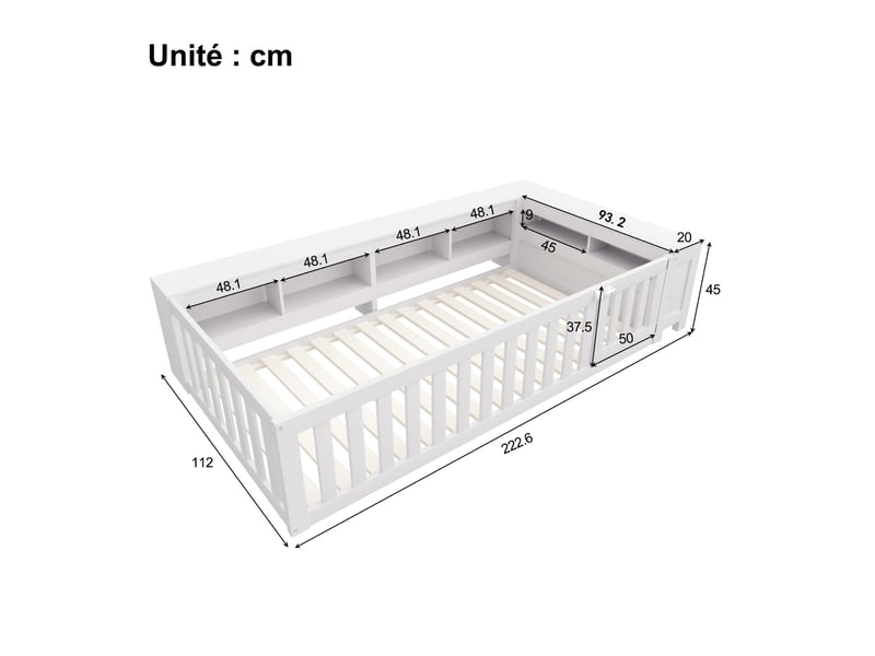 Lit enfant 90x200 cm - lit cabane bois avec sécurité et rangement - structure en pin mdf - sans matelas - blanc - Conforama C