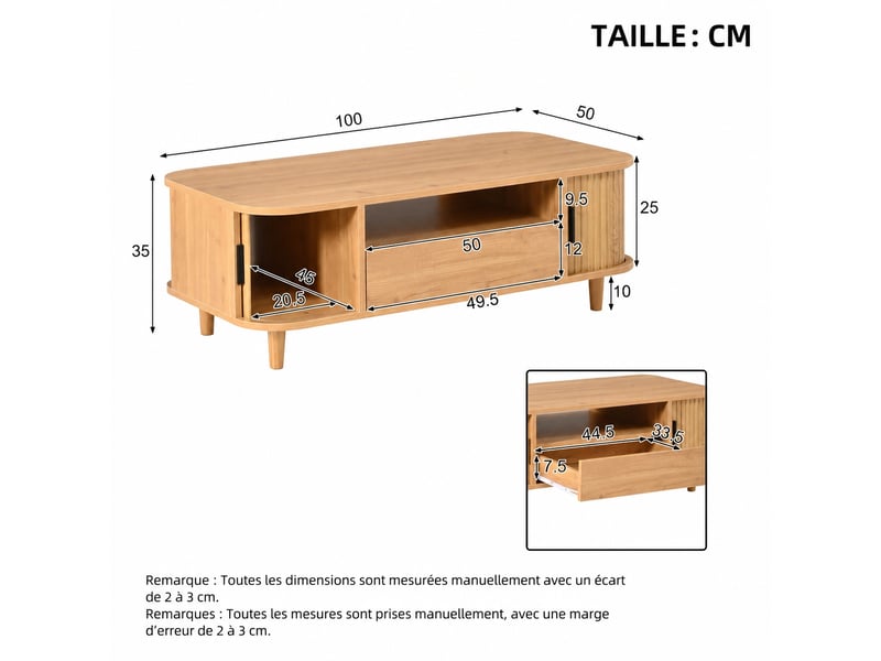  Table basse en bois naturel avec rangement, 1 tiroir, 2 portes tambour, 100 x 50 x 35 cm, coloris bois clair  - Conforama C