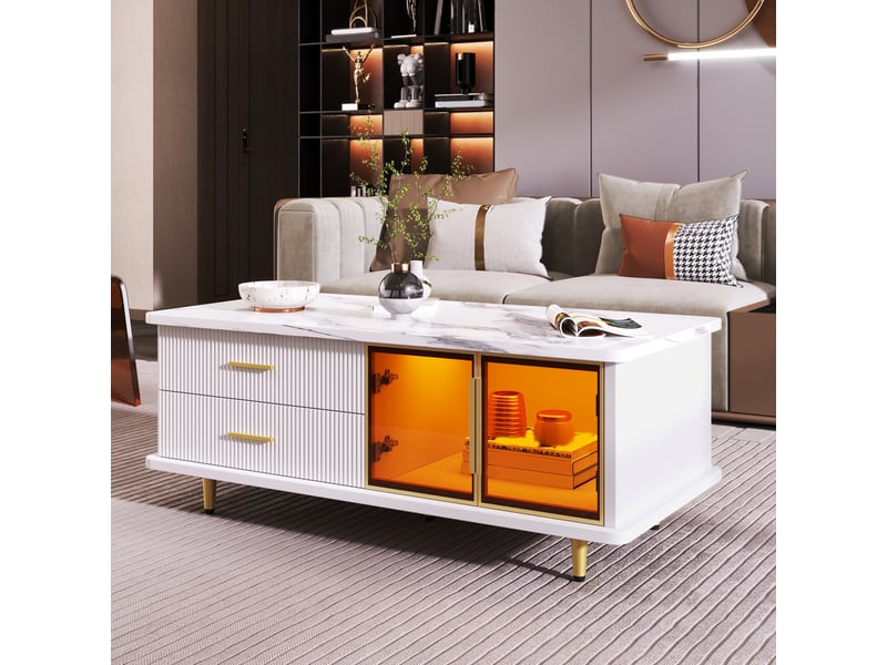 Table basse 100x50x40 cm avec led, 2 tiroirs et 2 portes vitrées, panneaux de particules décor marbre, blanc et doré ABC - Conforama E