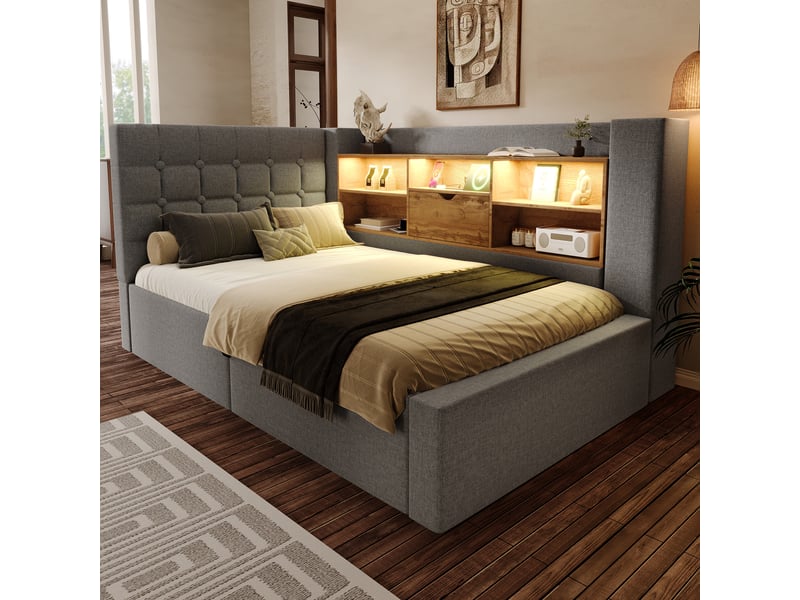  Lit coffre 90x200 cm avec led, rangement caché et usb, lin, gris, sans matelas  - Conforama W