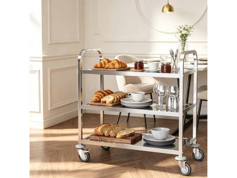 Chariot de service à 3 niveaux en acier inoxydable avec 4 roulettes, desserte de cuisine polyvalente, capacité 150 kg, 90x50x88 cm - Conforama D