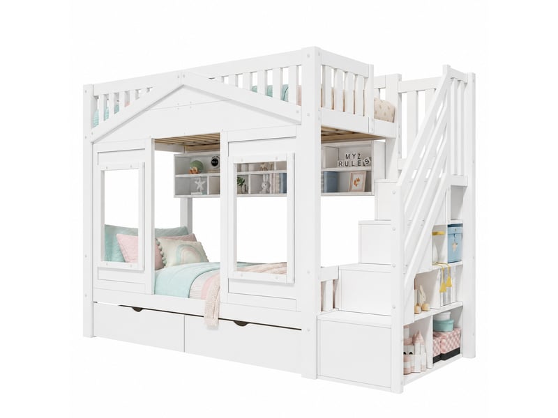  Lit mezzanine enfant 90×200 cm, escalier de rangement, tiroir et étagères  - sans matelas, pin et mdf blanc  - Conforama A