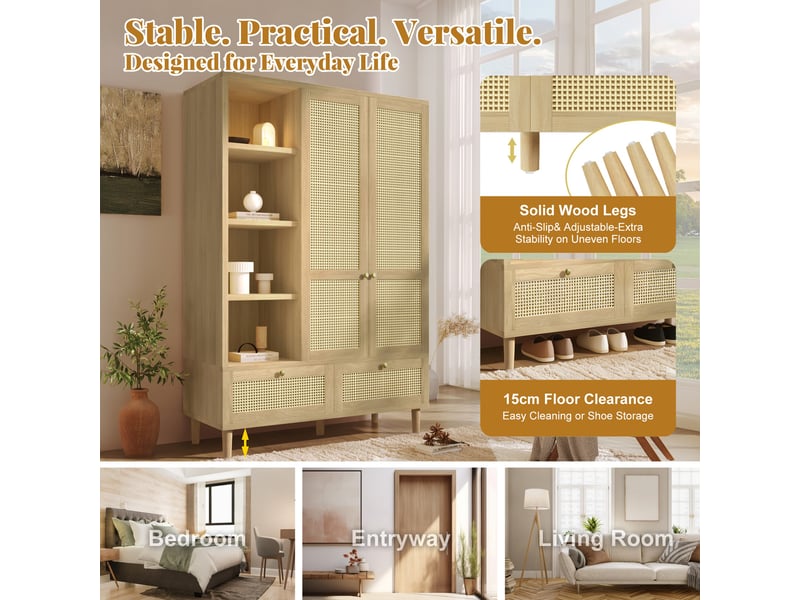 Armoire penderie en bois 120x50x180 cm avec 2 portes effet rotin, 2 tiroirs, étagères ouvertes et tringle pour chambre - chêne - Conforama D