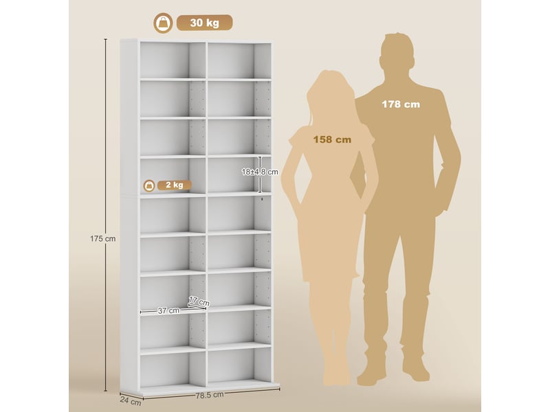  Meuble à cd avec 14 étagères réglables, capacité de 640 cd360 dvd, 78,5 x 24 x 175 cm, blanc  - Conforama D