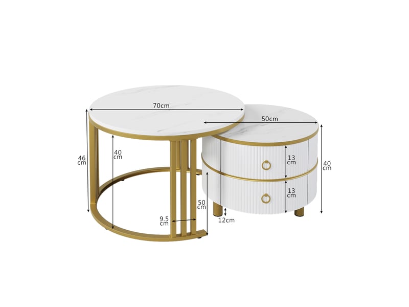  Table basse ronde 2 en 1 en mdf, table d'appoint avec plateau brillant et plateau en marbre blanc, combinaison table basse salon avec 2 tiroirs, 70 x 70 x 46 + 50 x 50 x 40 cm  - Conforama C