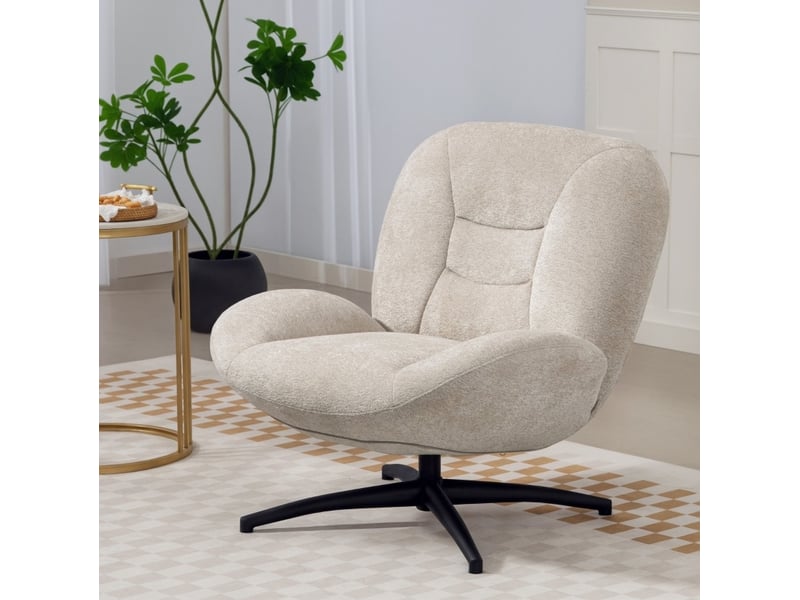  Fauteuil pivotant 360° avec dossier rembourré et assise épaisse, base en acier, tissu chenille blanc crème, 89 × 83 × 85 cm  - Conforama B