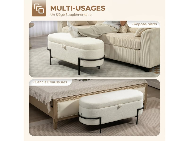  Banc de rangement, crème, banc coffre de rangement en tissu bouclette avec couvercle relevable et pieds en acier  - Conforama W