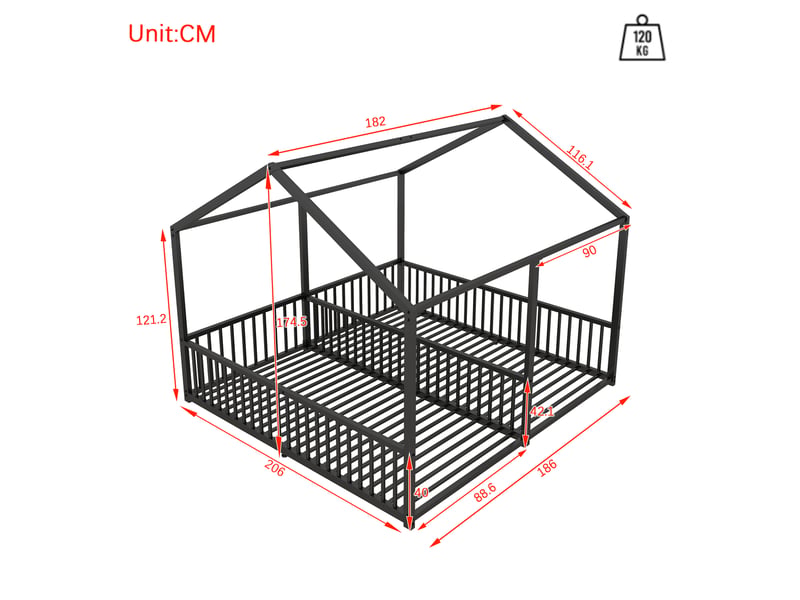  Lit superposé enfant 90x200, lit cabane en métal, lit enfant noir avec échelle et barrière, cadre robuste, sans matelas  - Conforama C