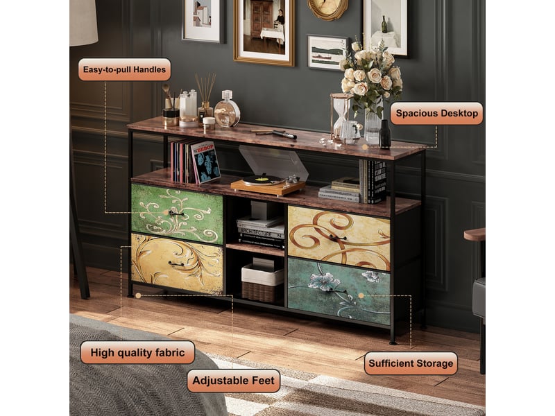  Meuble tv 137 cm avec lumières led, banc tv support télé console tv avec avec 4 tiroirs et 3 étagères de rangement, multicolore  - Conforama E