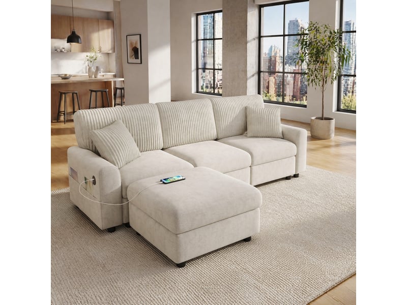  Canapé d'angle 223x146x84 cm, 1 pouf, 2 coussins carrés, ports usb et type-c, chenille et corduroy beige  - Conforama B