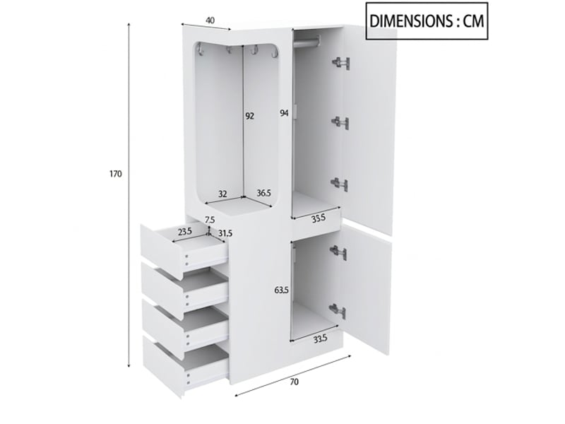  Armoire blanche 1 porte 70x40x170 cm avec tiroirs et penderie ouverte en bois, meuble de rangement  - Conforama C