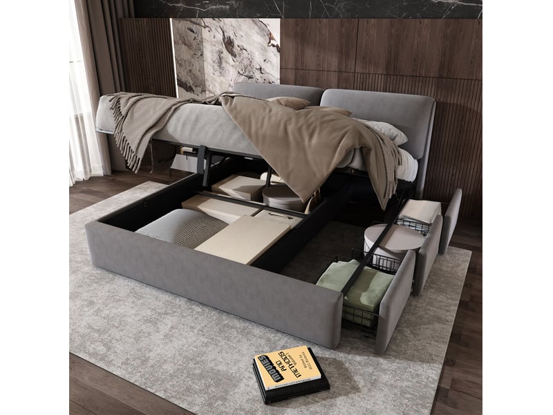 Lit 180 x 200 cm en velours gris avec coffre et 3 tiroirs - Conforama B