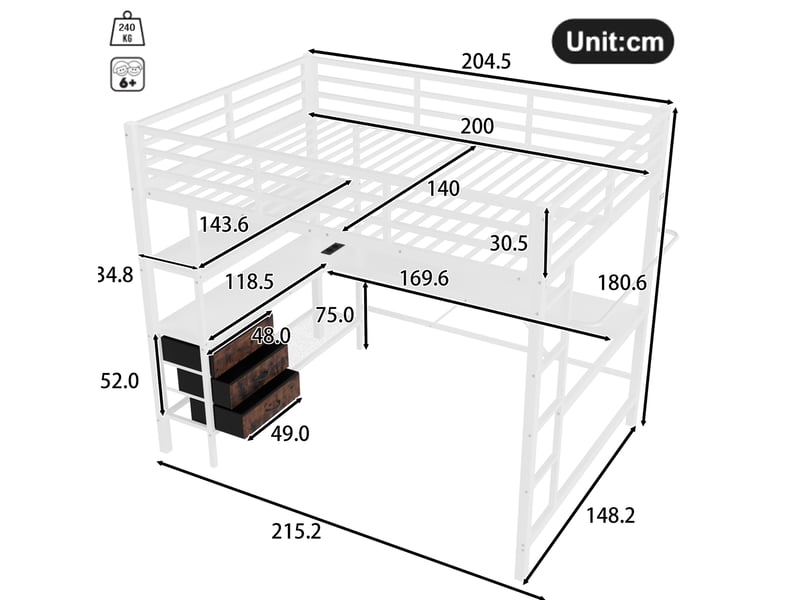  Lit mezzanine 140 x 200 cm, bureau, éclairage led, prises+usb, 3 tiroirs, garde-corps, métal mdf, blanc sans matelas  - Conforama C
