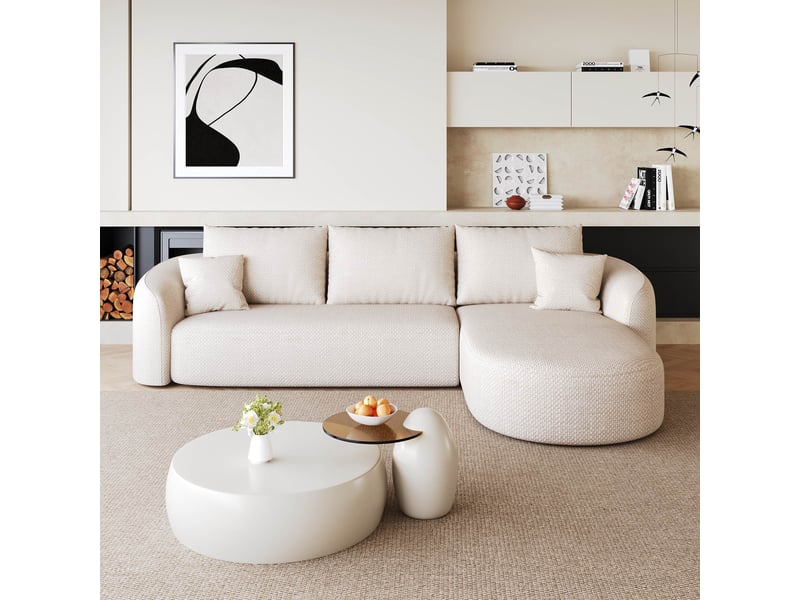  Canapé d'angle modulable en l 266 cm, mousse compressée sans montage canapé 4 places sans armature en bois, tissu chenille blanc Sol Morn - Conforama B