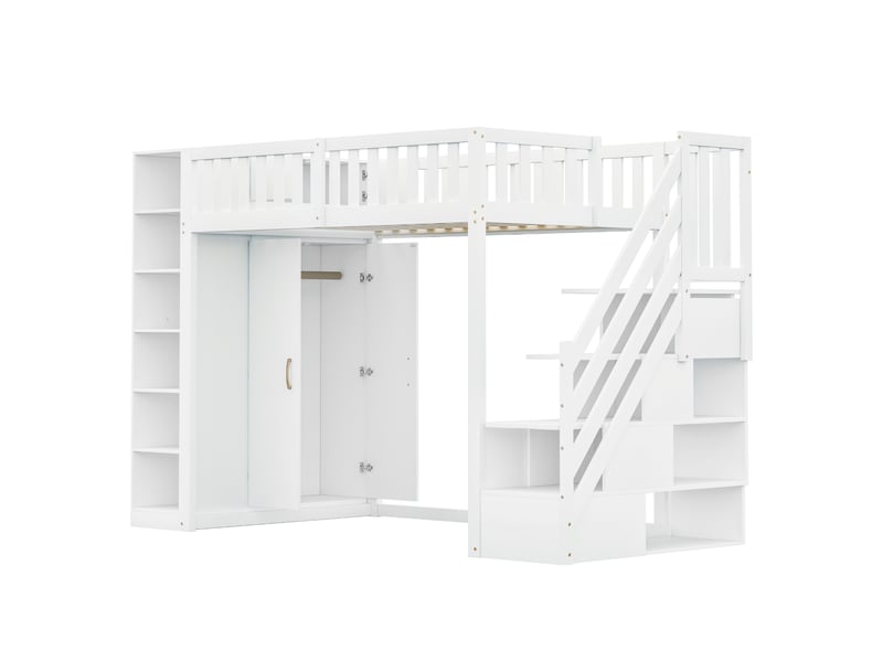  Lit mezzanine lit simple en bois massif avec armoire, tiroirs et étagères, 200x90 cm, sans matelas, blanc  - Conforama E