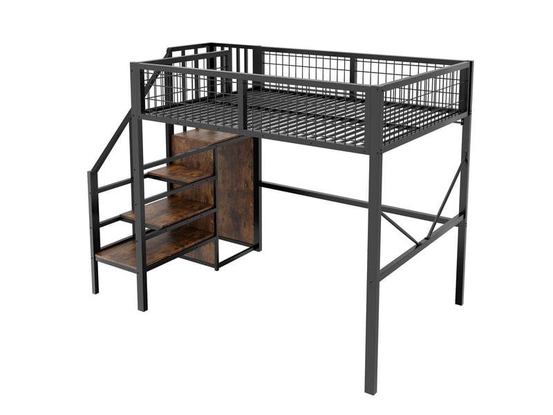 Lit mezzanine enfant en métal 140x200 cm lit adulte lit double avec éclairage led escalier de rangement armoire ouverte, noir - Conforama R