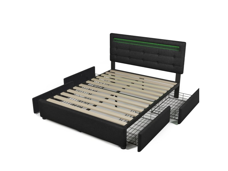  Lit rembourré 140 × 200 cm 2 places avec 4 tiroirs, led réglable, matelas inclus, tête de lit ajustable, noir  - Conforama A