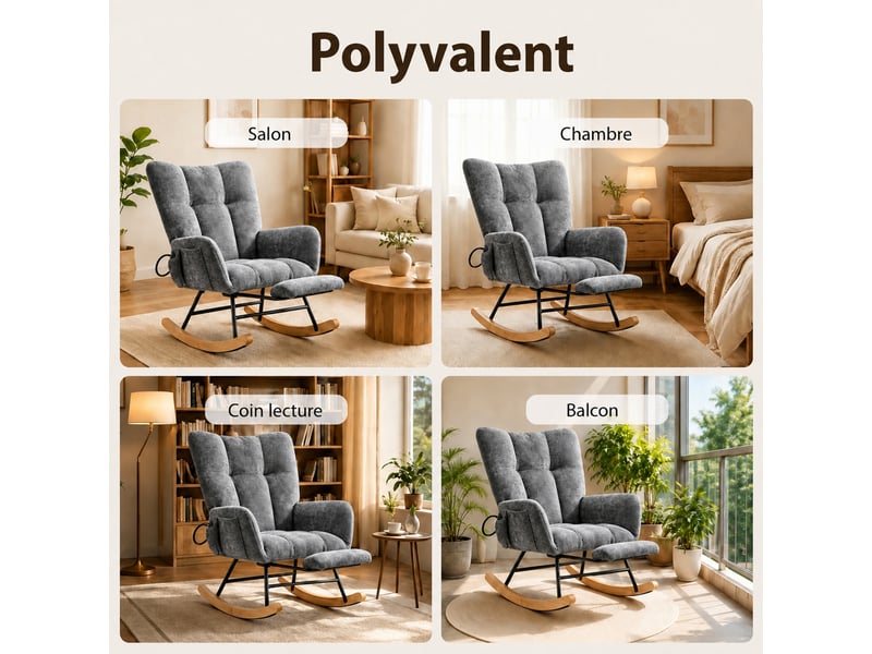  Chaise à bascule ergonomique en tissu chenille gris clair avec repose‑pieds rétractable, poche de rangement, structure métal et bois massif, charge 120 kg  - Conforama W