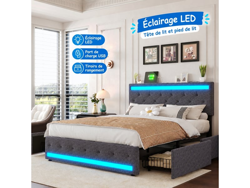  Lit double 140 x 200 cm gris avec 4 tiroirs, revêtement effet lin, éclairage led et port usb, sans matelas  - Conforama B