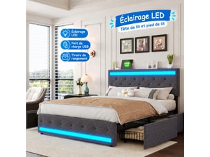 Lit double 140 x 200 cm gris avec 4 tiroirs, revêtement effet lin, éclairage led et port usb, sans matelas