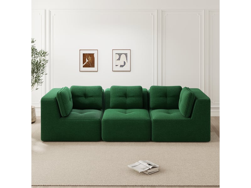 Canapé droit modulable 3 places velours côtelé vert – 297 x 104 x 69 cm Fay Lum - Conforama B