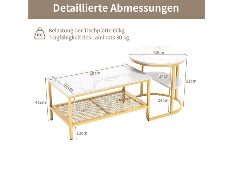 Tables basses gigognes 80x46x41 cm et ø52x51 cm effet marbre doré  - Conforama C
