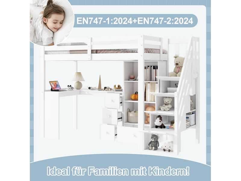  Lit mezzanine 90x200 cm avec bureau, rangements et échelle escamotable en bois blanc sans matelas  - Conforama E