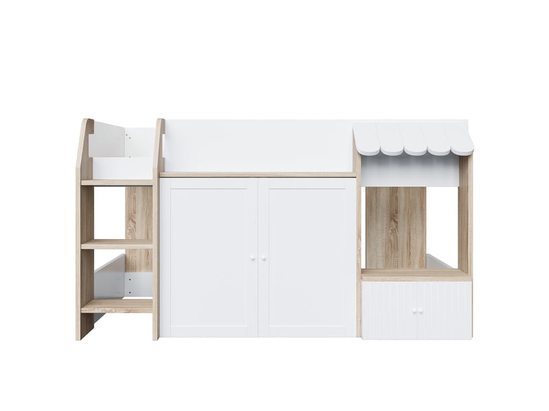  Lit superposé enfant 90x200 cm, lit mezzanine mi-hauteur avec portes, un seul sommier, pin, blanc et bois, sans matelas  - Conforama E