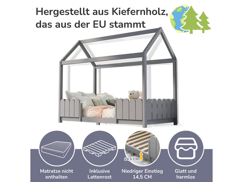  Lit cabane 90x200 en bois gris avec barrière de sécurité et sommier, lit enfant fille et garçon  - Conforama E